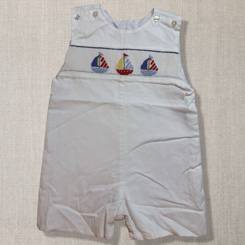 Classic Whimsy Smocked Sailboat Jon Jon Romper White 24M Nautical